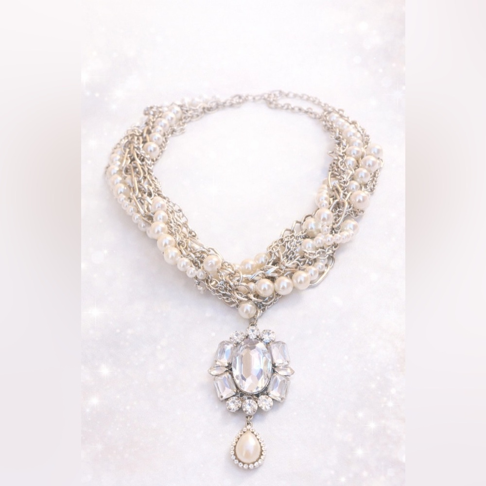 Dramatic Pearl & Crystal Statement Necklace Multi Strand Silver Tone